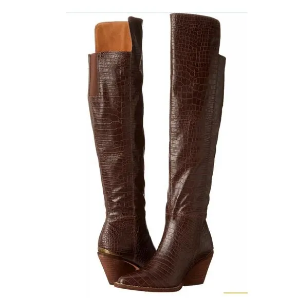NWOT Zodiac Ronson Faux Leather Crocodile Embossed Over the Knee Boot Brown US 8