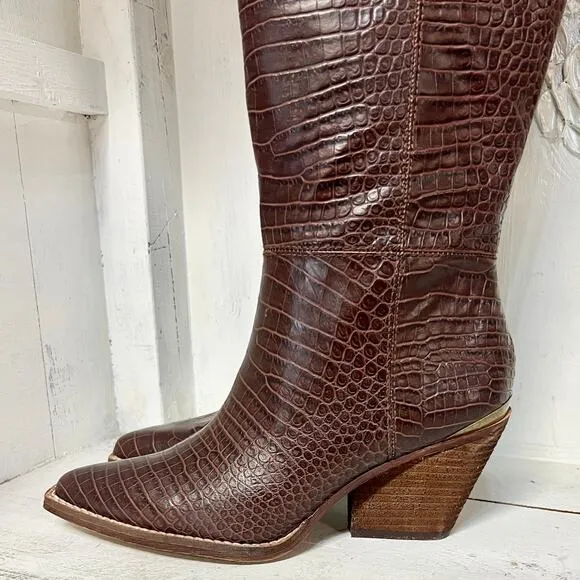 NWOT Zodiac Ronson Faux Leather Crocodile Embossed Over the Knee Boot Brown US 8