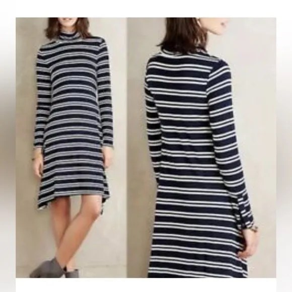 NWT Anthropologie Maeve Turtleneck Swing Dress Long Sleeve Navy/White Stripe MED