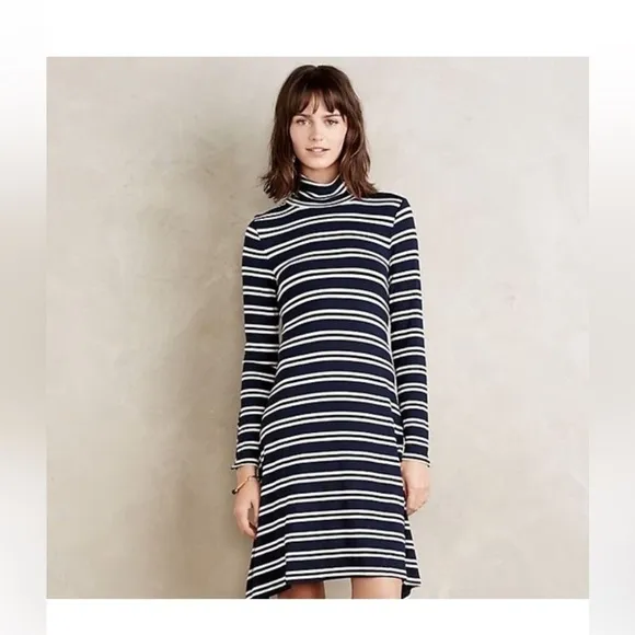 NWT Anthropologie Maeve Turtleneck Swing Dress Long Sleeve Navy/White Stripe MED