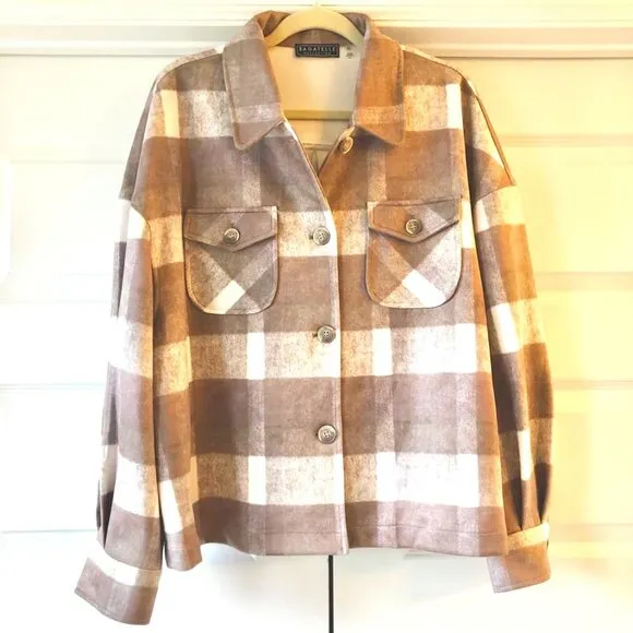 NWT BAGATELLE Tan Plaid Vegan Suede Button-down Shirt Jacket L &amp; XL MSRP $158