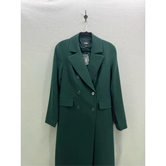 NWT Express Womens Green Supersoft Double Breasted Long Line Blazer Coat Small