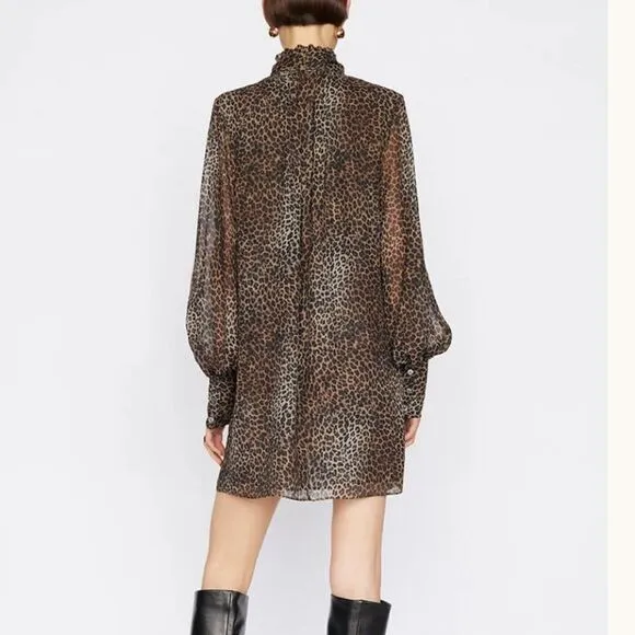 NWT FRAME - TIE NECK Mini DRESS Animal Print Silk Large