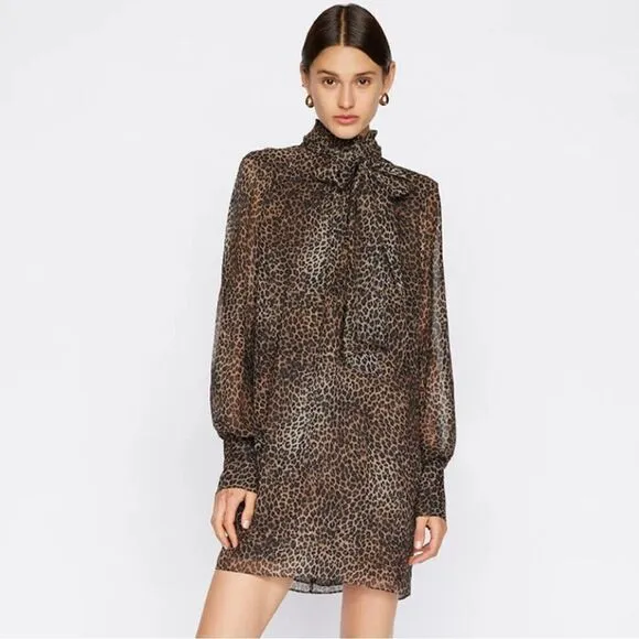 NWT FRAME - TIE NECK Mini DRESS Animal Print Silk Large