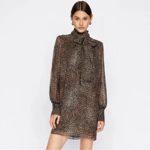 NWT FRAME - TIE NECK Mini DRESS Animal Print Silk Large