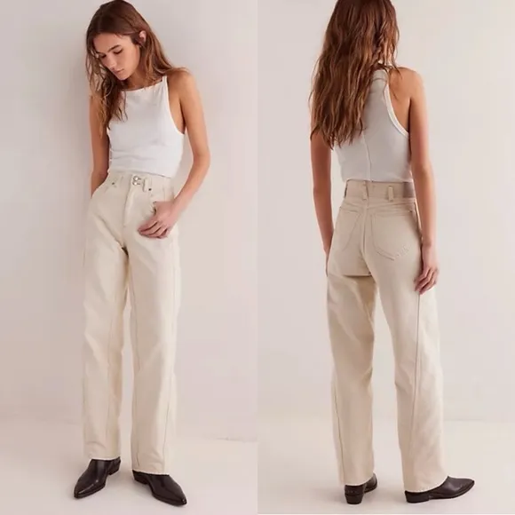 NWT Free People Aster High Rise Rigid Relaxed Straight Leg Jeans in Cream Sz 29