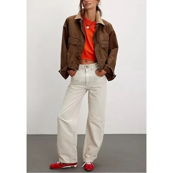 NWT Free People Aster High Rise Rigid Relaxed Straight Leg Jeans in Cream Sz 29