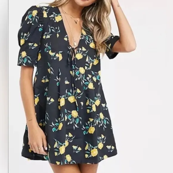 NWT Free People Black Adelle Floral Printed Mini Dress Tunic  L Whimsical Twee