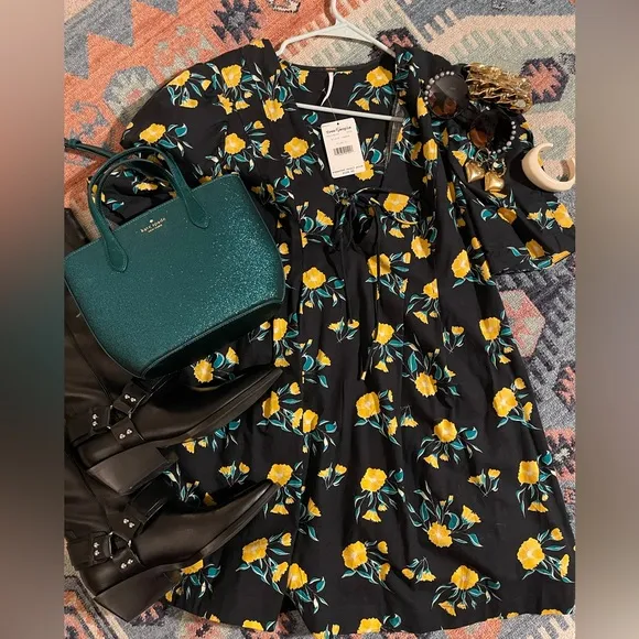 NWT Free People Black Adelle Floral Printed Mini Dress Tunic  L Whimsical Twee