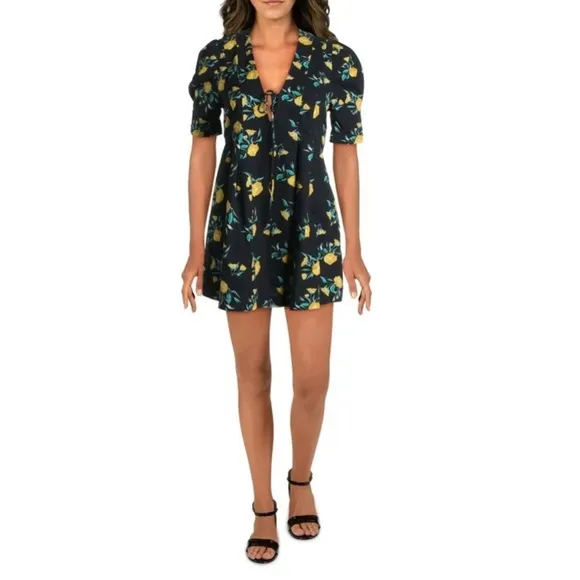 NWT Free People Black Adelle Floral Printed Mini Dress Tunic  L Whimsical Twee