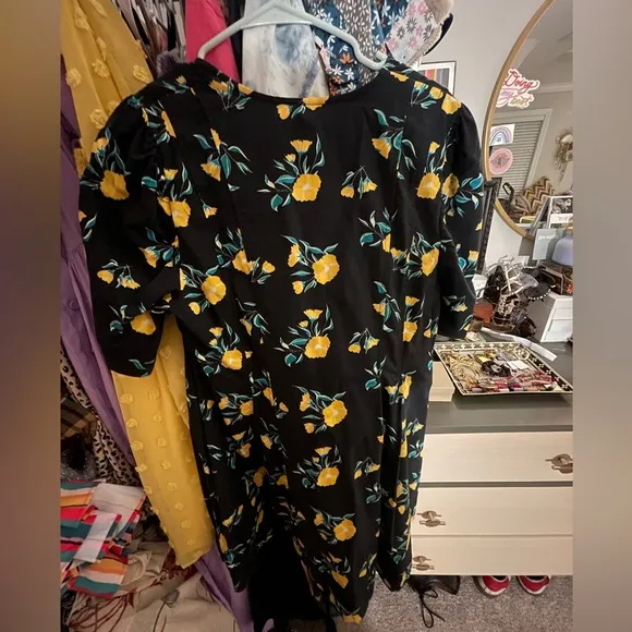 NWT Free People Black Adelle Floral Printed Mini Dress Tunic  L Whimsical Twee