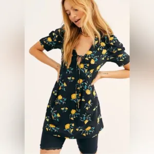 NWT Free People Black Adelle Floral Printed Mini Dress Tunic  L Whimsical Twee