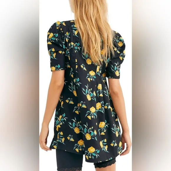 NWT Free People Black Adelle Floral Printed Mini Dress Tunic  L Whimsical Twee