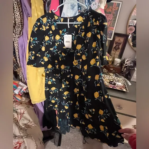 NWT Free People Black Adelle Floral Printed Mini Dress Tunic  L Whimsical Twee