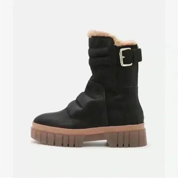 NWT Free People Fable Faux Fur Boots / Black 39 chunky heel boots winter fall