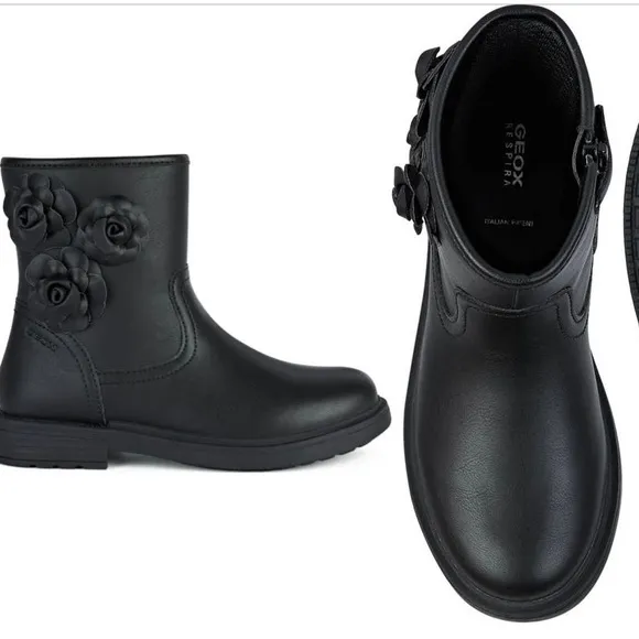NWT Geox Girls Respira Eclair Leather Boots Roses Size 35 Black.