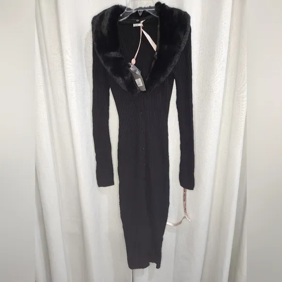 NWT House of‎ CB Raine Black Faux Fur Button Down Sweater Midi Dress M