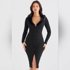 NWT House of‎ CB Raine Black Faux Fur Button Down Sweater Midi Dress M