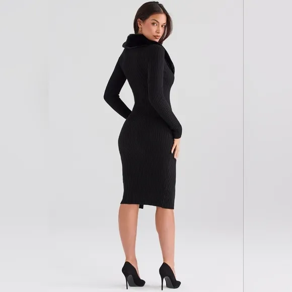 NWT House of‎ CB Raine Black Faux Fur Button Down Sweater Midi Dress M