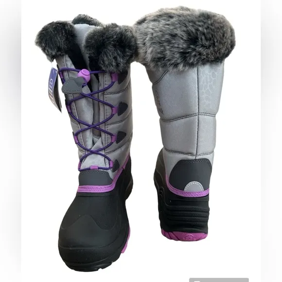 NWT Kamik Winter Boots Furry Top Gray Purple Waterproof Snow Big Kids sz 6 NEW