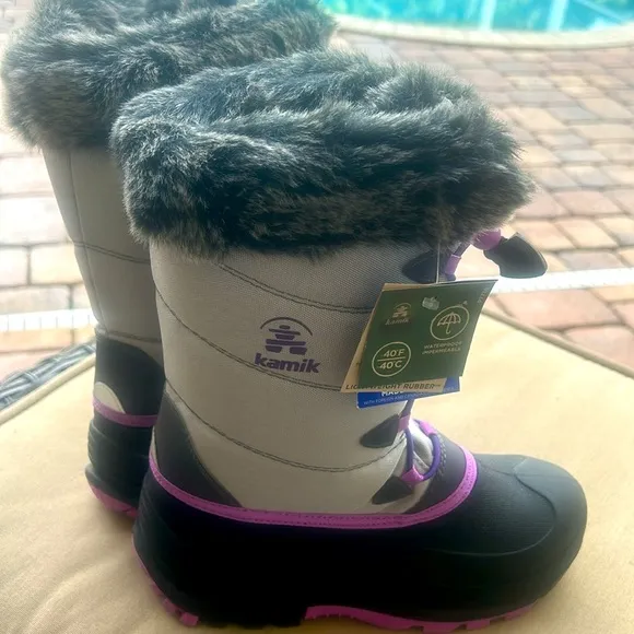 NWT Kamik Winter Boots Furry Top Gray Purple Waterproof Snow Big Kids sz 6 NEW
