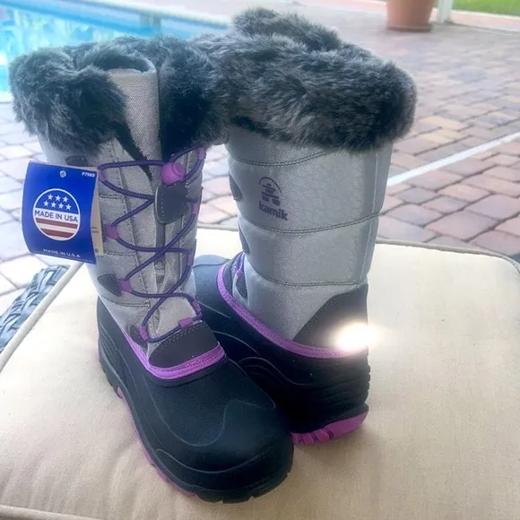 NWT Kamik Winter Boots Furry Top Gray Purple Waterproof Snow Big Kids sz 6 NEW