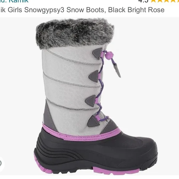 NWT Kamik Winter Boots Furry Top Gray Purple Waterproof Snow Big Kids sz 6 NEW