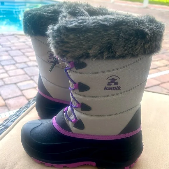 NWT Kamik Winter Boots Furry Top Gray Purple Waterproof Snow Big Kids sz 6 NEW