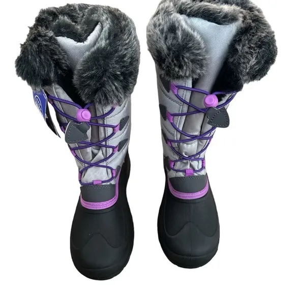 NWT Kamik Winter Boots Furry Top Gray Purple Waterproof Snow Big Kids sz 6 NEW