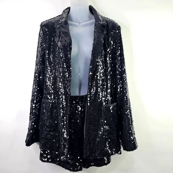 NWT Kancy Kole Black Sequin Short and Blazer Set