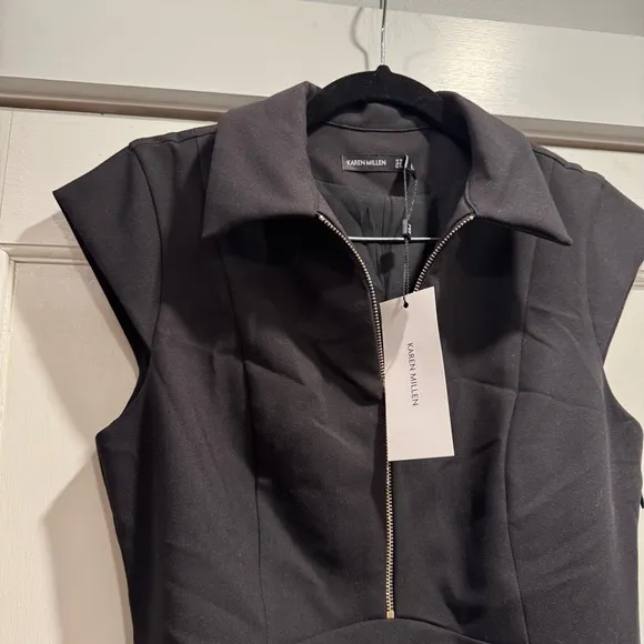 NWT Karen Millen Zip Collar A Line Dress Black Size 6 Office Preppy Career