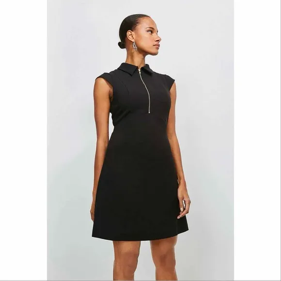 NWT Karen Millen Zip Collar A Line Dress Black Size 6 Office Preppy Career