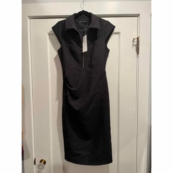 NWT Karen Millen Zip Collar A Line Dress Black Size 6 Office Preppy Career