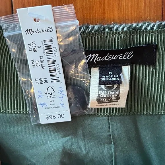 NWT - Madewell - Herringbone Wool Button-Front Mini Skirt - Size 0