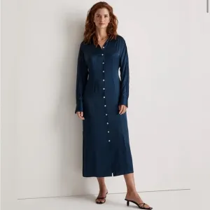 NWT MADEWELL  Satin Button-Front Midi Shirtdress In indigo