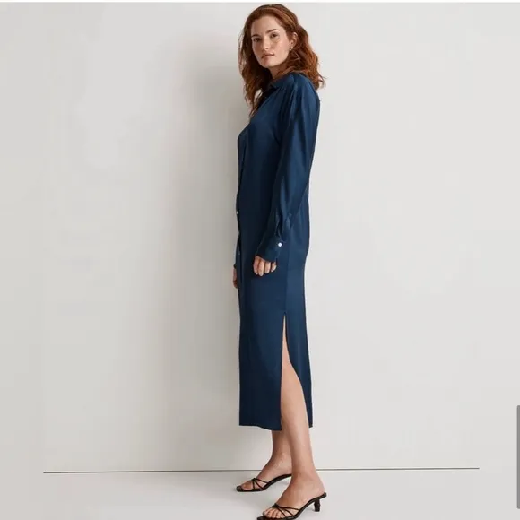 NWT MADEWELL  Satin Button-Front Midi Shirtdress In indigo