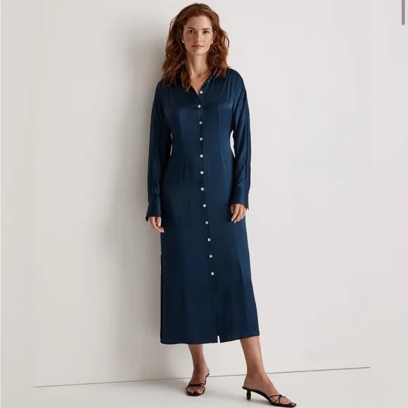 NWT MADEWELL  Satin Button-Front Midi Shirtdress In indigo