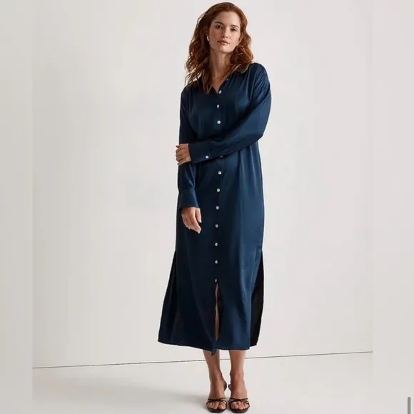 NWT MADEWELL  Satin Button-Front Midi Shirtdress In indigo
