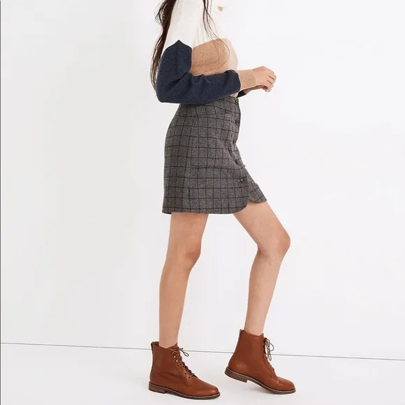 NWT Madewell - Wool Button-Front Mini Skirt in Windowpane - Size 0 - Gra…