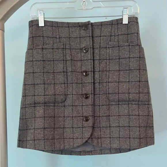 NWT Madewell - Wool Button-Front Mini Skirt in Windowpane - Size 0 - Gra…
