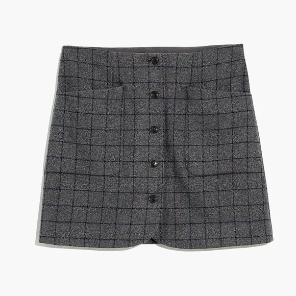 NWT Madewell - Wool Button-Front Mini Skirt in Windowpane - Size 0 - Gra…