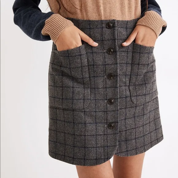NWT Madewell - Wool Button-Front Mini Skirt in Windowpane - Size 0 - Gra…
