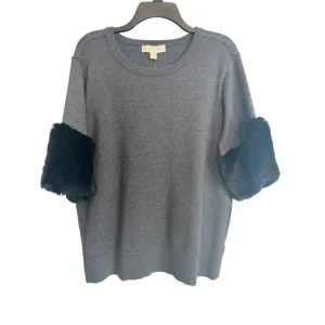 NWT Michael Kors Large Faux Fur Sleeve Sweater Gray &amp; Black