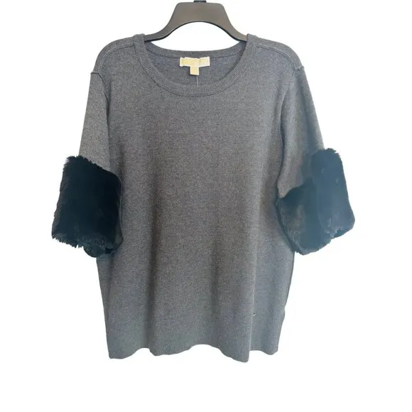 NWT Michael Kors Large Faux Fur Sleeve Sweater Gray &amp; Black
