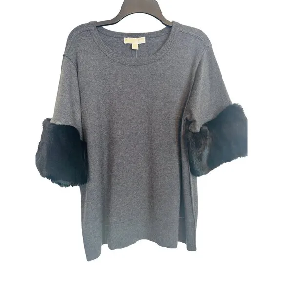 NWT Michael Kors Large Faux Fur Sleeve Sweater Gray &amp; Black