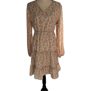 NWT - Mikarose - Tiered, Long Sleeve Floral Dress - Cream &amp; Gray - Large​​​​