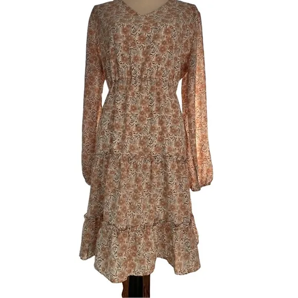 NWT - Mikarose - Tiered, Long Sleeve Floral Dress - Cream &amp; Gray - Large​​​​
