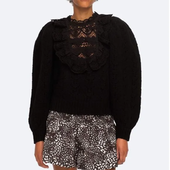 NWT Sea New York Patrizia Lace Combo Long Sleeve Wool Sweater - Black Knit Lace