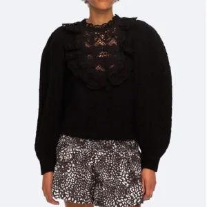 NWT Sea New York Patrizia Lace Combo Long Sleeve Wool Sweater - Black Knit Lace