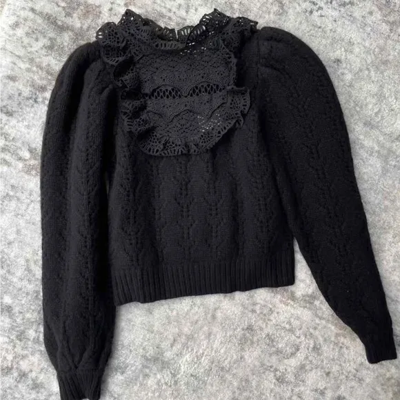NWT Sea New York Patrizia Lace Combo Long Sleeve Wool Sweater - Black Knit Lace